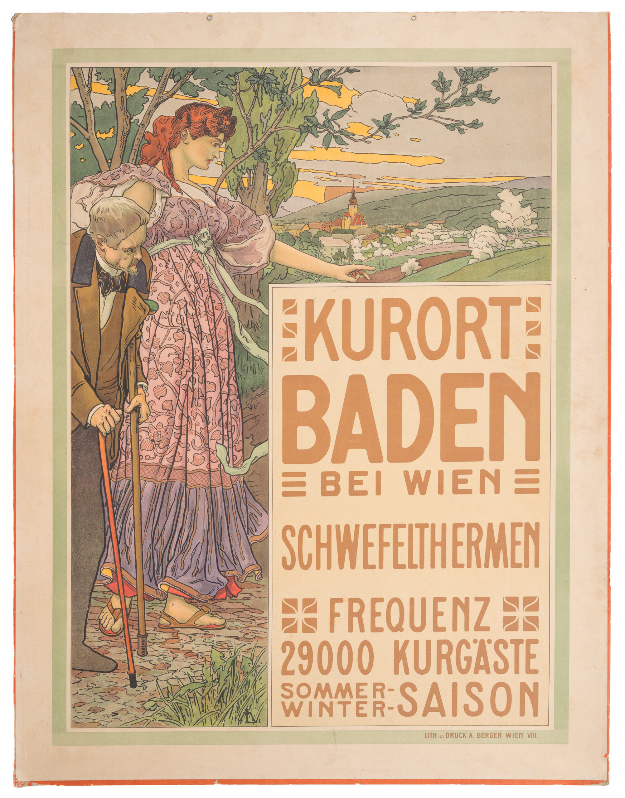 Ein Werbeplakat für Baden als Kurort um 1910. Gezeichnet. Alter Mann mit 2 Gehstöcken wird von jüngerer Frau gestützt. Beide blicken auf Baden.
