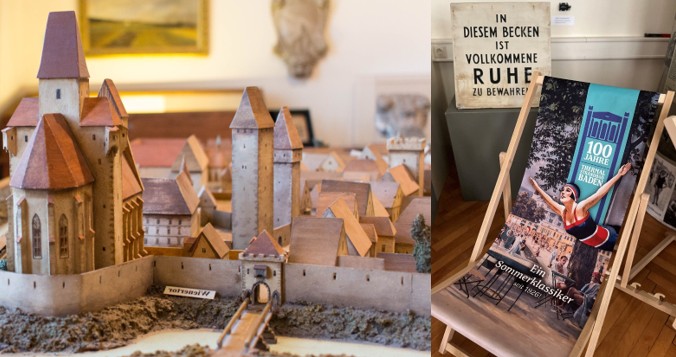 Stadtmodell und Liegestuhle aus Sonderschau 100 Jahre Strandbad Baden
